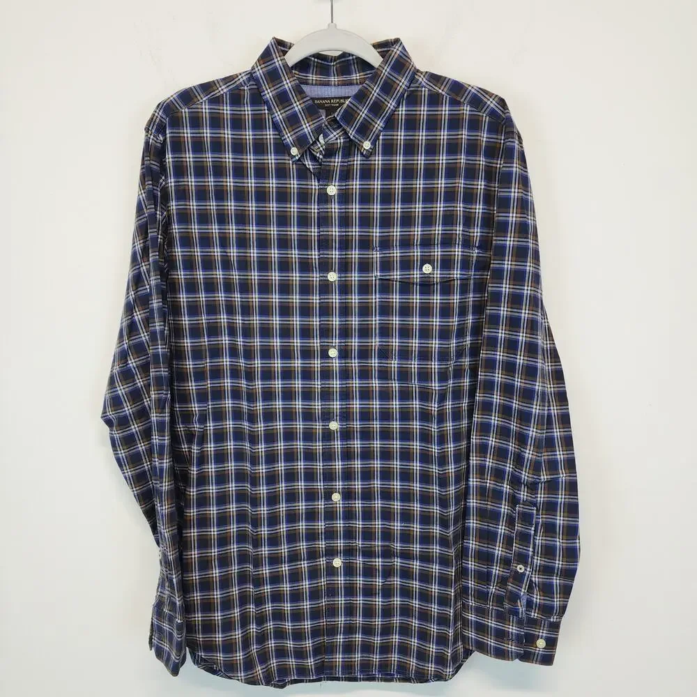 Banana Republic Mens Soft Wash Plaid Button Down Shirt Size L Blue Brown Preppy